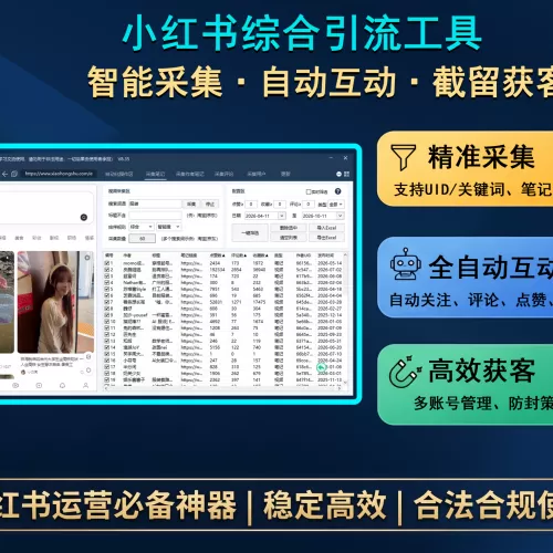 小红书综合引流工具(正版自动更新)-集采集|监控|关注|评论|点赞|截留养号为一体的小红书综合营销获客工具